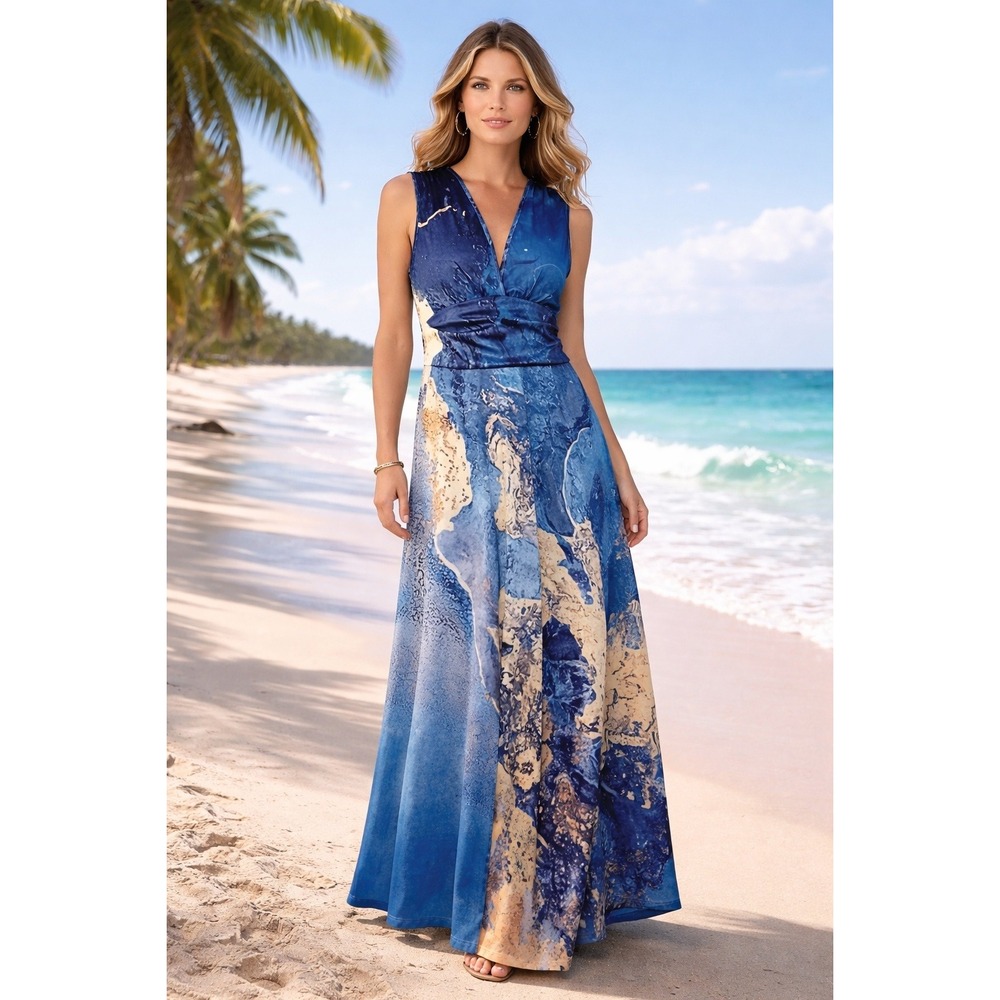 Sleeveless Blue Marble Maxi Dress